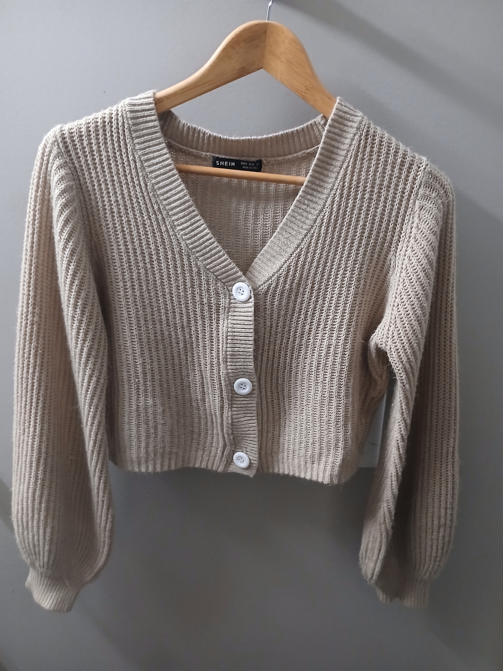 Beige Ribbed V-Neck Cropped Button Cardigan - Picture 2 of 2
